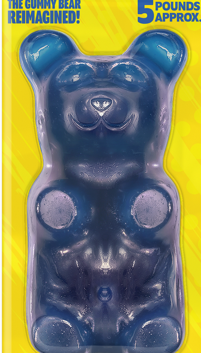 5 lb Blue Raspberry Gummy Bear in yellow sleeve with translucent blue candy