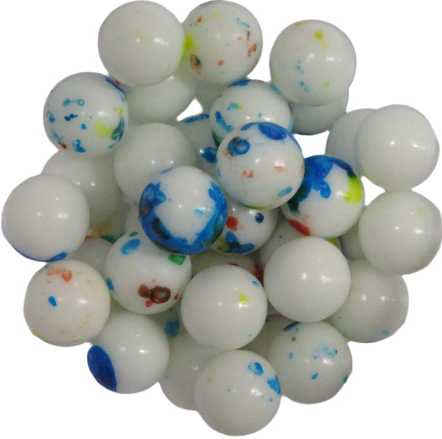 White 1/2-inch psychedelic jawbreakers with blue, green, and red speckles