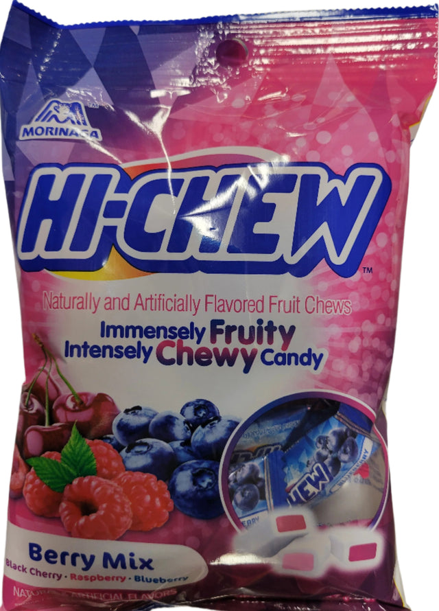 Pink and blue Morinaga Hi-Chew Berry Mix fruit chews in peg bag