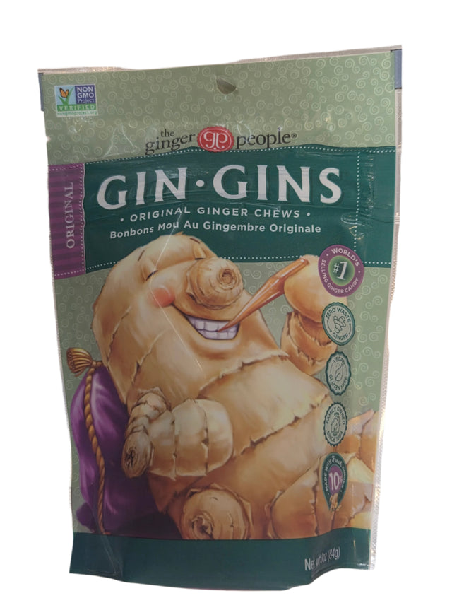 Playful cartoon ginger character on Gin Gins Original Ginger Chews 1.6oz pouch