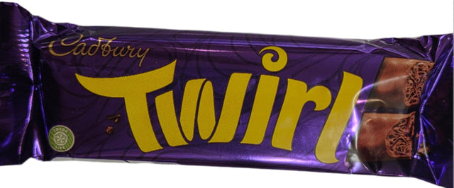 Purple foil Cadbury Twirl chocolate bar with glossy finish and yellow lettering