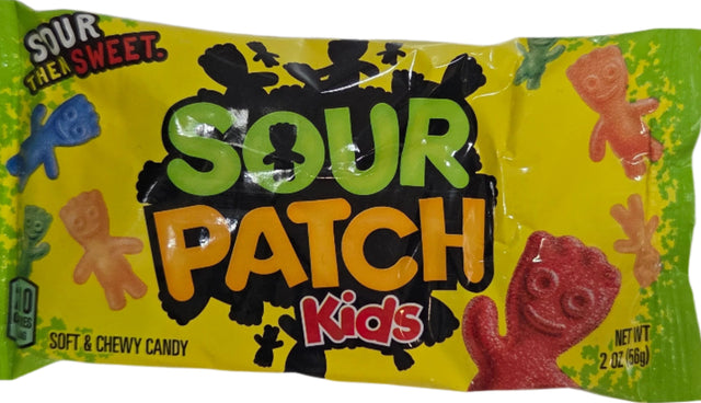 Vibrant yellow and green Sour Patch Kids candy bag with colorful gummies