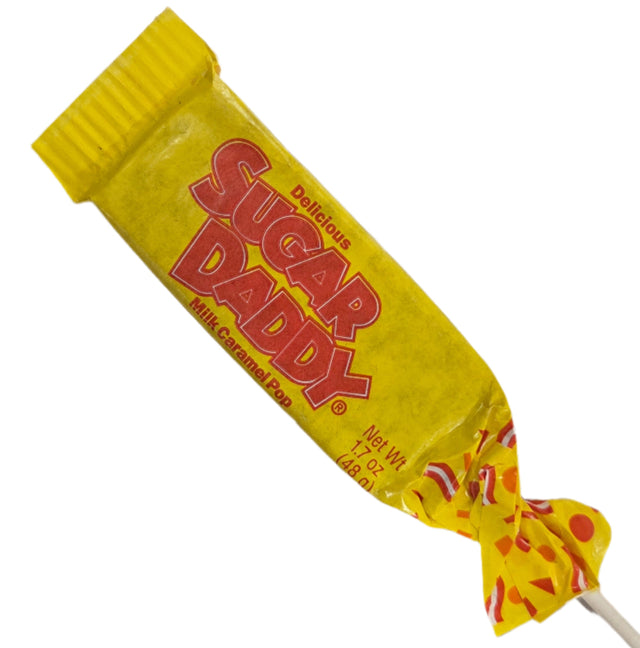 Yellow wrapped Sugar Daddy Pop milk caramel lollipop with red lettering