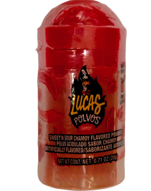 Vibrant red Lucas Polvos chamoy candy tube with sweet n sour powder