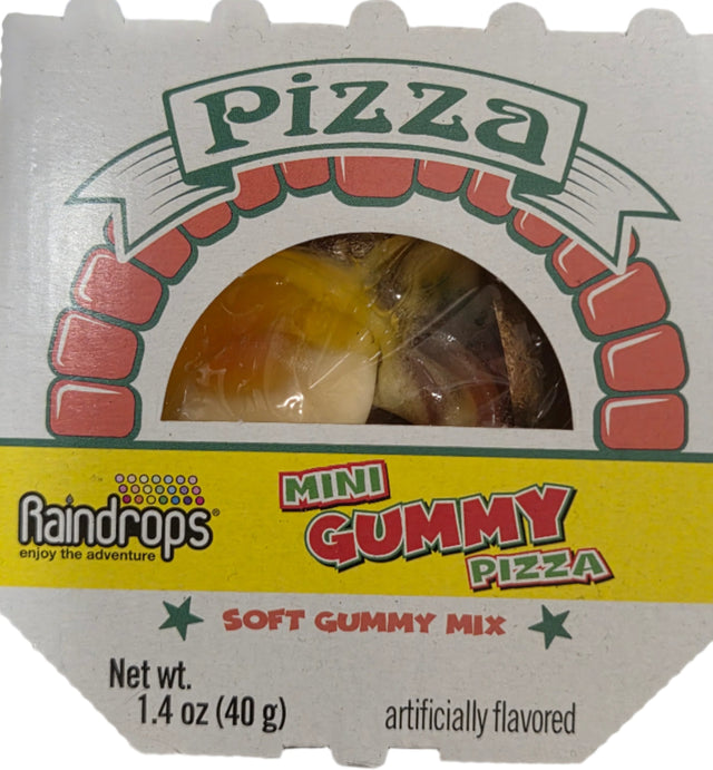 Mini Gummy Pizza: Raindrops in white box with red green accents