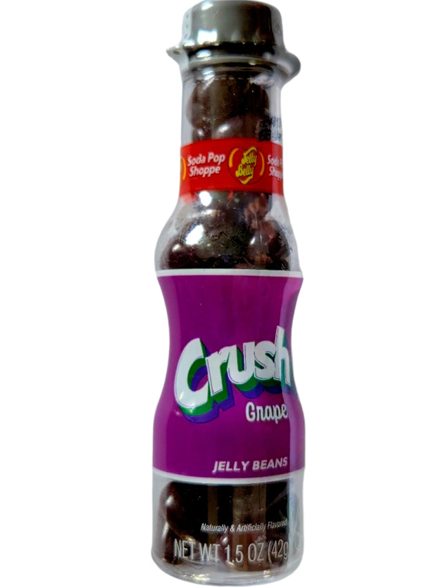Purple-labeled Crush grape jelly bean bottle with silver cap