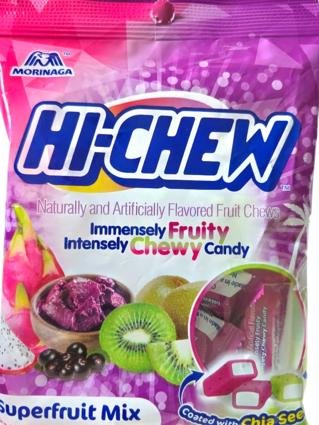 Hi-Chew Superfruit Mix peg bag with pink purple candy and fruit imagery