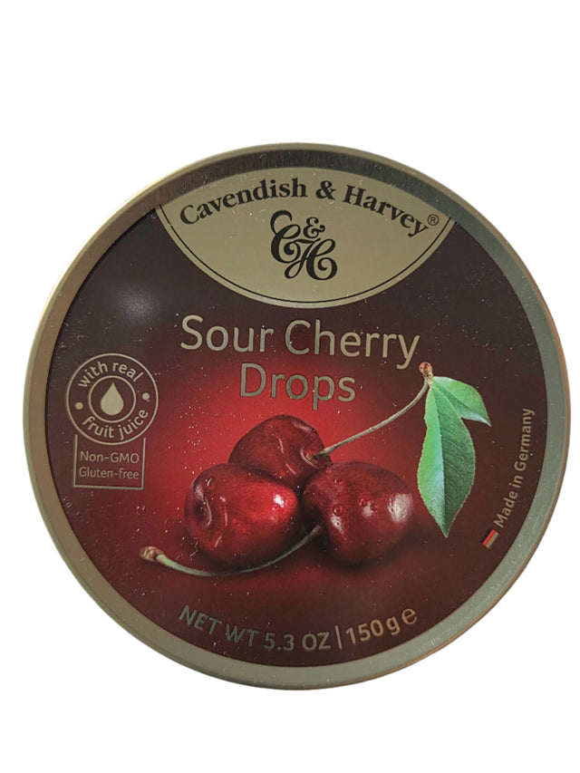 Cavendish & Harvey sour cherry drops in dark red tin