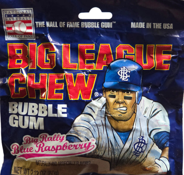 Big League Chew Blue Raspberry Bubble Gum with cartoon baseball player