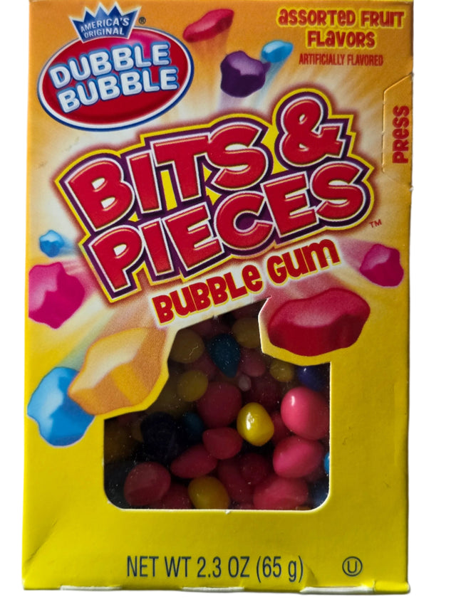 Vibrant yellow Dubble Bubble Bits & Pieces gum box with colorful fruit flavors