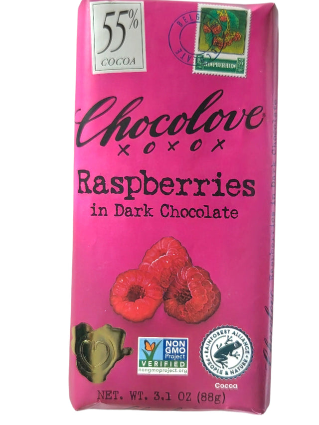 Chocolove Dark Raspberry Bar: vibrant pink with raspberries in 55% cocoa dark chocolate, non-GMO