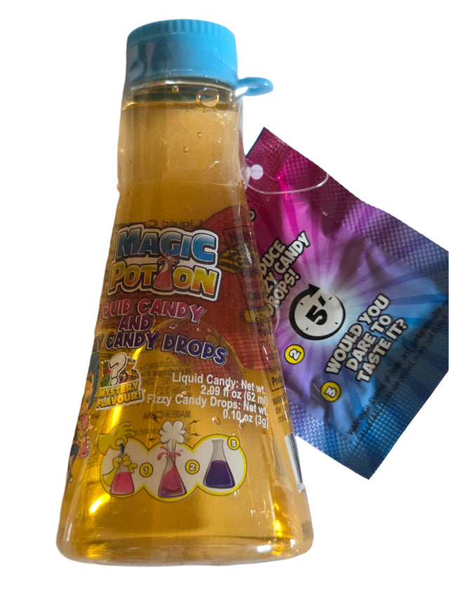 Magic Potion Sour Liquid Candy in golden-yellow bottle with blue cap