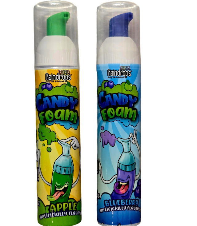 Two Candy Foam spray bottles: apple green cap, blueberry purple cap