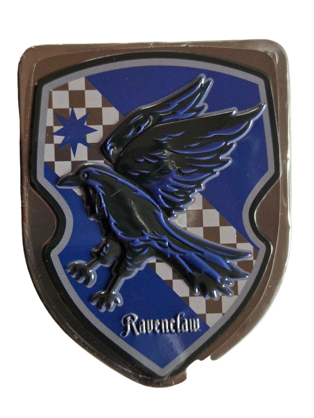 Shiny black raven on blue white checkered shield badge for Ravenclaw in Harry Potter House Crest Tin