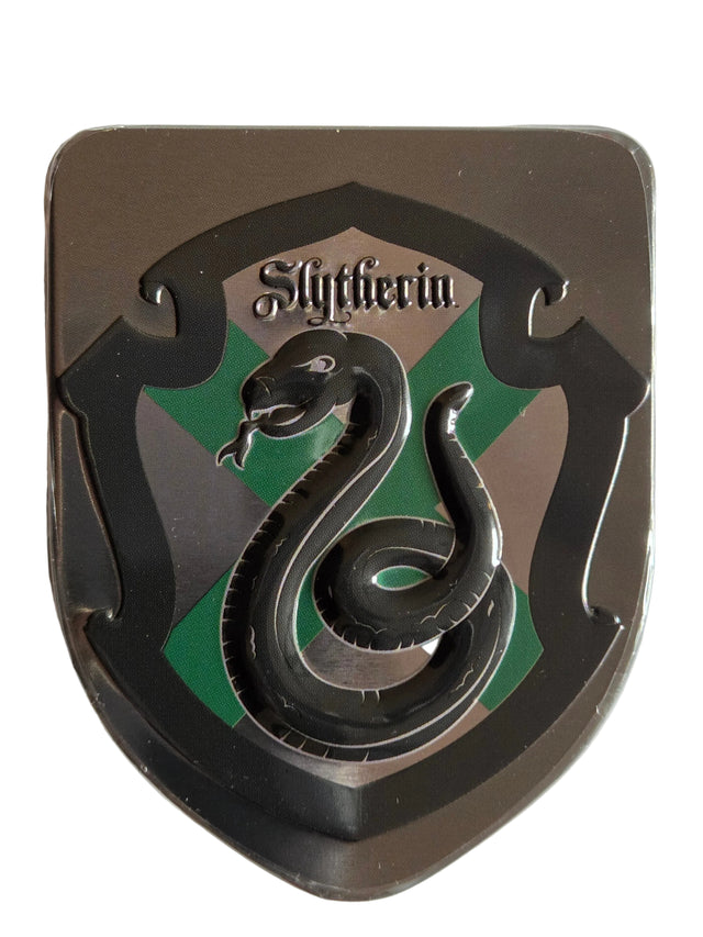 Slytherin house crest tin badge with green silver shield and coiled snake