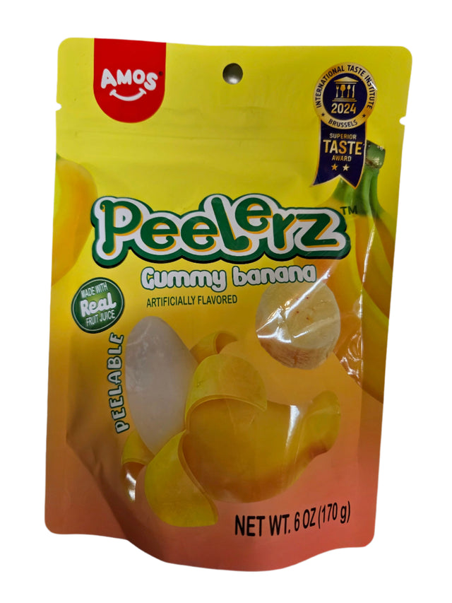 Peelerz Banana Gummy Candy Peg Bag with peelable yellow orange pouch and real fruit juice