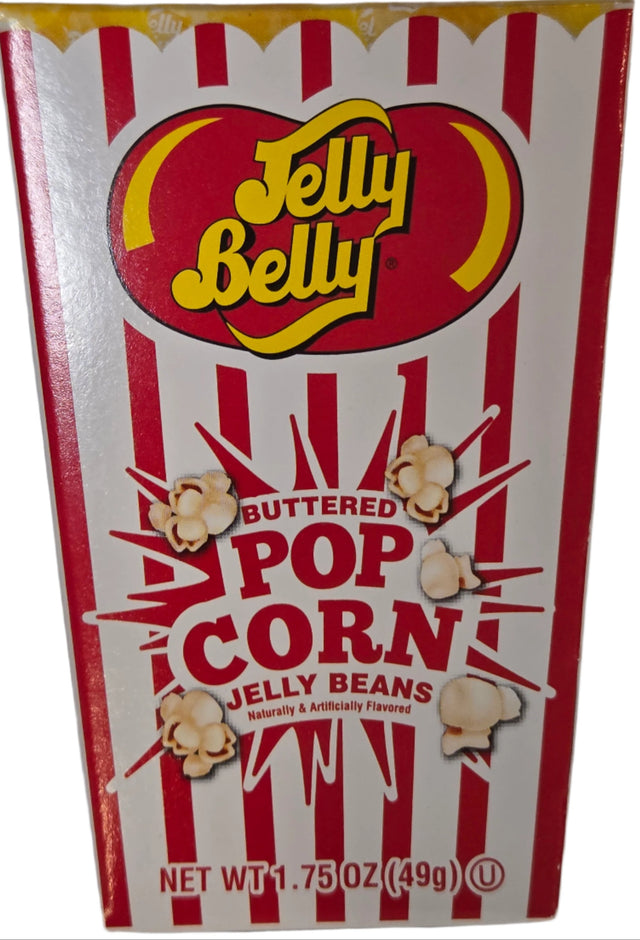 Red and white striped Jelly Belly Buttered Popcorn Box with buttered popcorn jelly beans inside