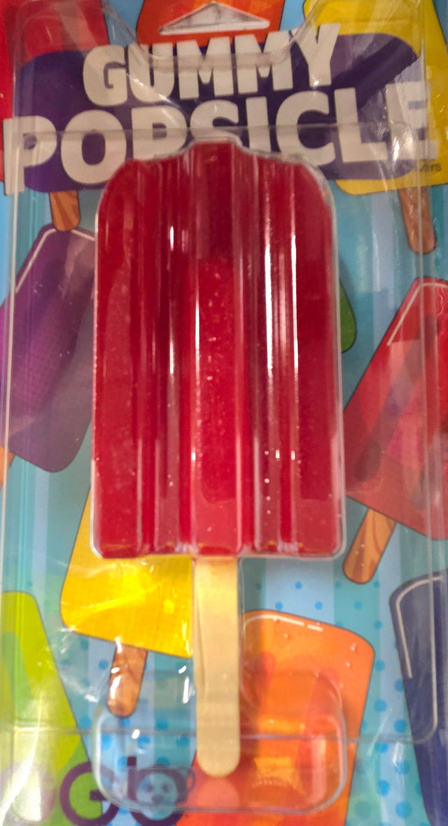 Red Gummy Cherry Popsicle with wooden stick in clear plastic packaging