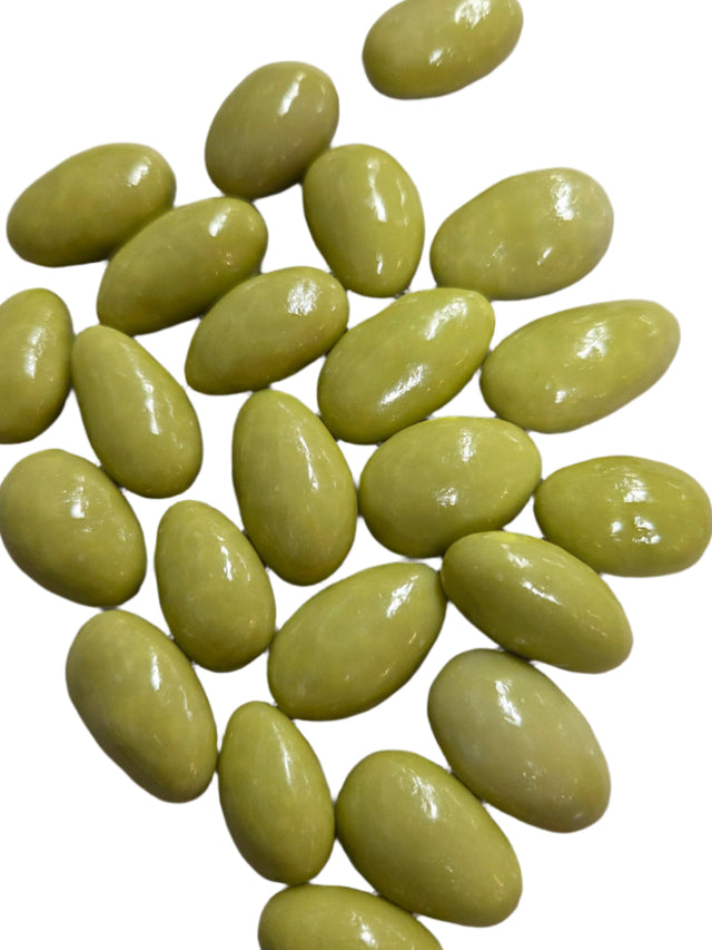 Shiny olive-green chocolate-covered almonds in Matcha Tea Green Almonds