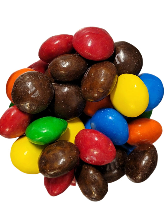 Colorful glossy M&Ms Peanut Butter chocolate-covered almonds in red, yellow, blue, green, orange, and brown