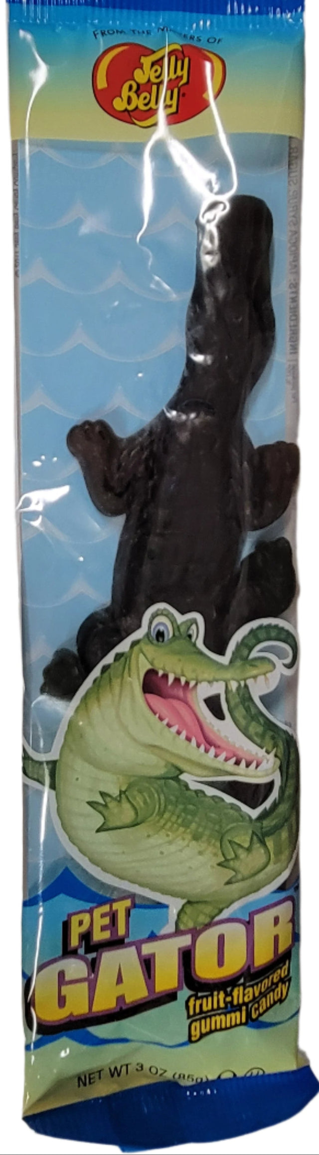 Jelly Belly Pet Gator gummy: dark chocolate crocodile in clear wrapper