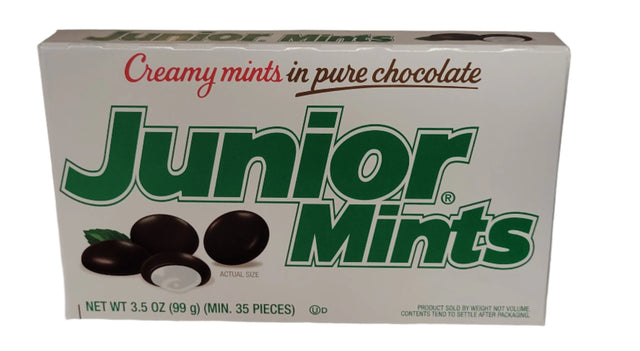 Junior Mints Theater Box of white cardboard with green red branding and chocolate-covered mints image