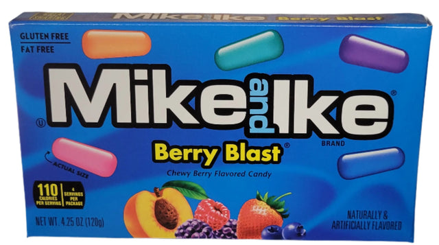 Mike and Ike Berry Blast chewy gummy candy in blue theater box