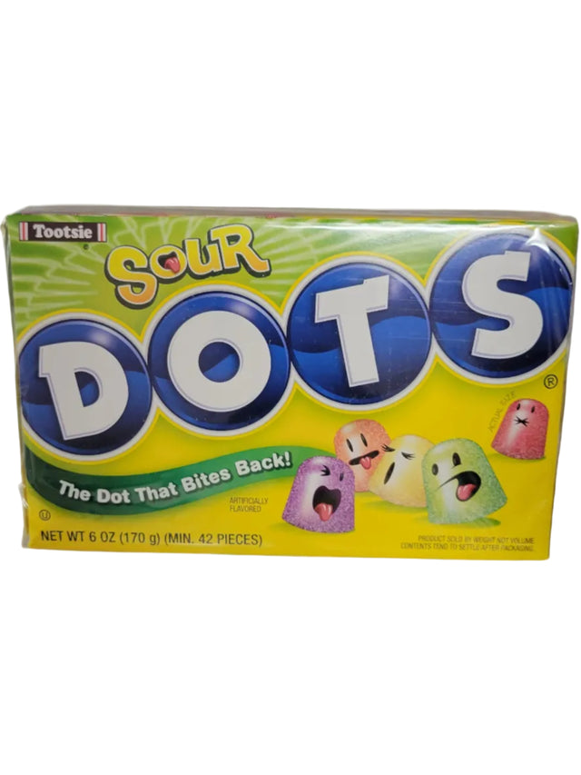 Dots Sour Theater Box of bright yellow-green candy with cartoon gummy dots faces
