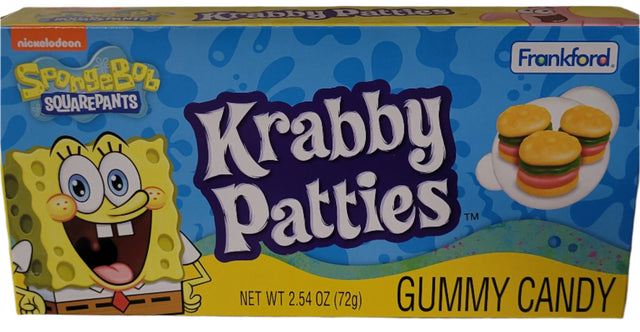 Krabby Patties SpongeBob Theater Box with yellow gummy candy and burger illustration