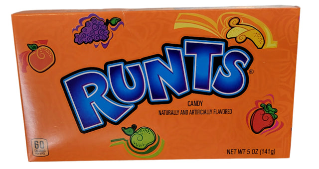 Runts Candy Theater Box with orange packaging, colorful fruit illustrations and blue logo