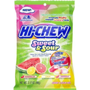 Brightly colored pink and green Hi-Chew Sweet & Sour Mix peg bag candy
