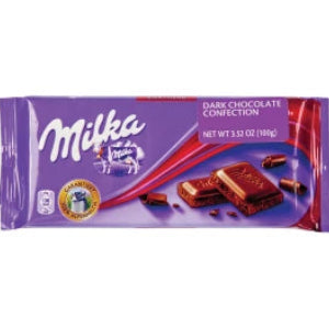 Milka dark chocolate bar in purple red foil with milk pieces
