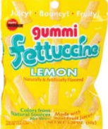 Bright yellow packet of gummy fettuccine lemon candies in peg bag