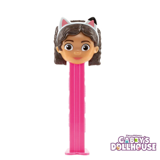 Pink PEZ Gabby’s Dollhouse Gabby dispenser with cat ears and brown hair