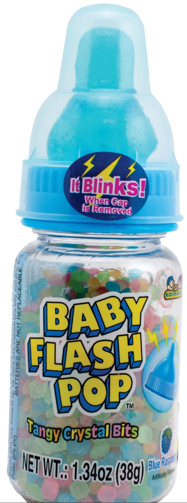 Pink and blue Baby Flash Pop Sucker candy bottles with tangy crystal bits