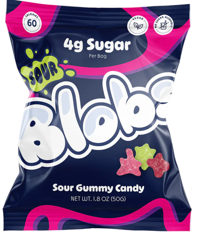Vibrant pink and navy Blobs Assorted Sour Candy bag with star gummies