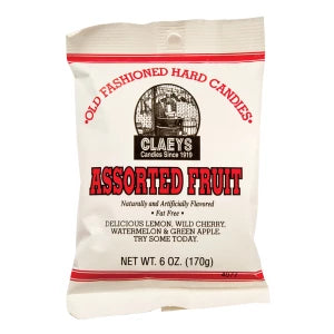 Claeys assorted fruit candy drops in white and red peg bag