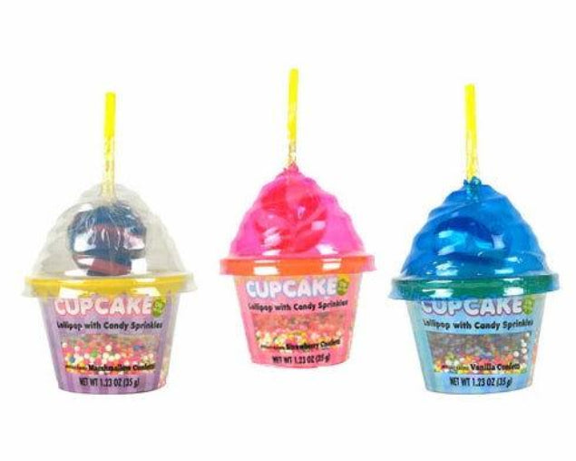 Three colorful Dippinā Dots Dip-n-Lik Lollipop cupcake containers with frosting tops and yellow straws