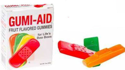 Gumi-Aid Candy Box of colorful fruit-flavored bandage gummies