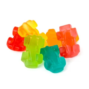 Vibrant 3D race car gummy bears in red, orange, yellow, green, teal hues