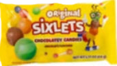 Sixlets Original Chocolatey Candies Bag with yellow red wrapper and green spheres