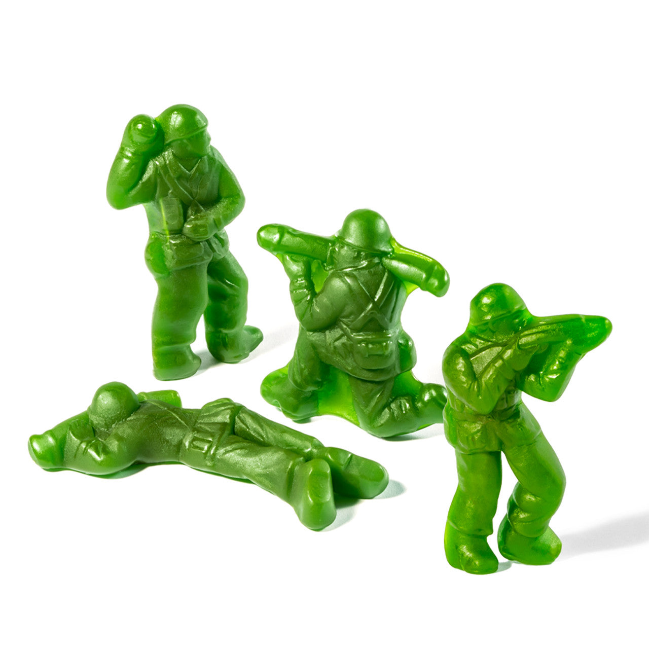 Green gummy candy soldiers in combat poses from Little Green Men