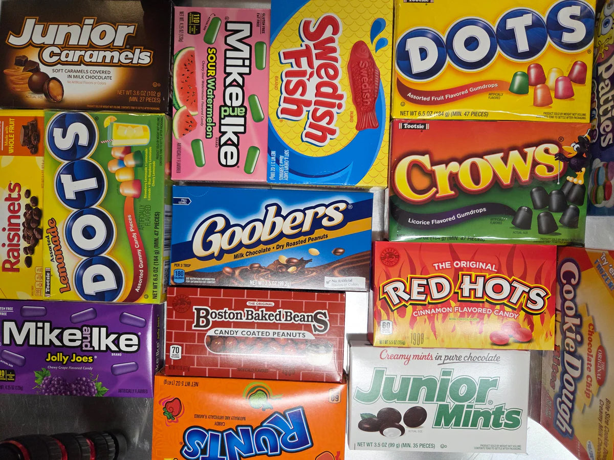 Colorful Theater Box assortment: Dots, Crows, Red Hots, Junior Mints, Swedish Fish, Mike and Ike Sour Watermelon, Goobers, Boston Baked Beans, Runts, Raisinets