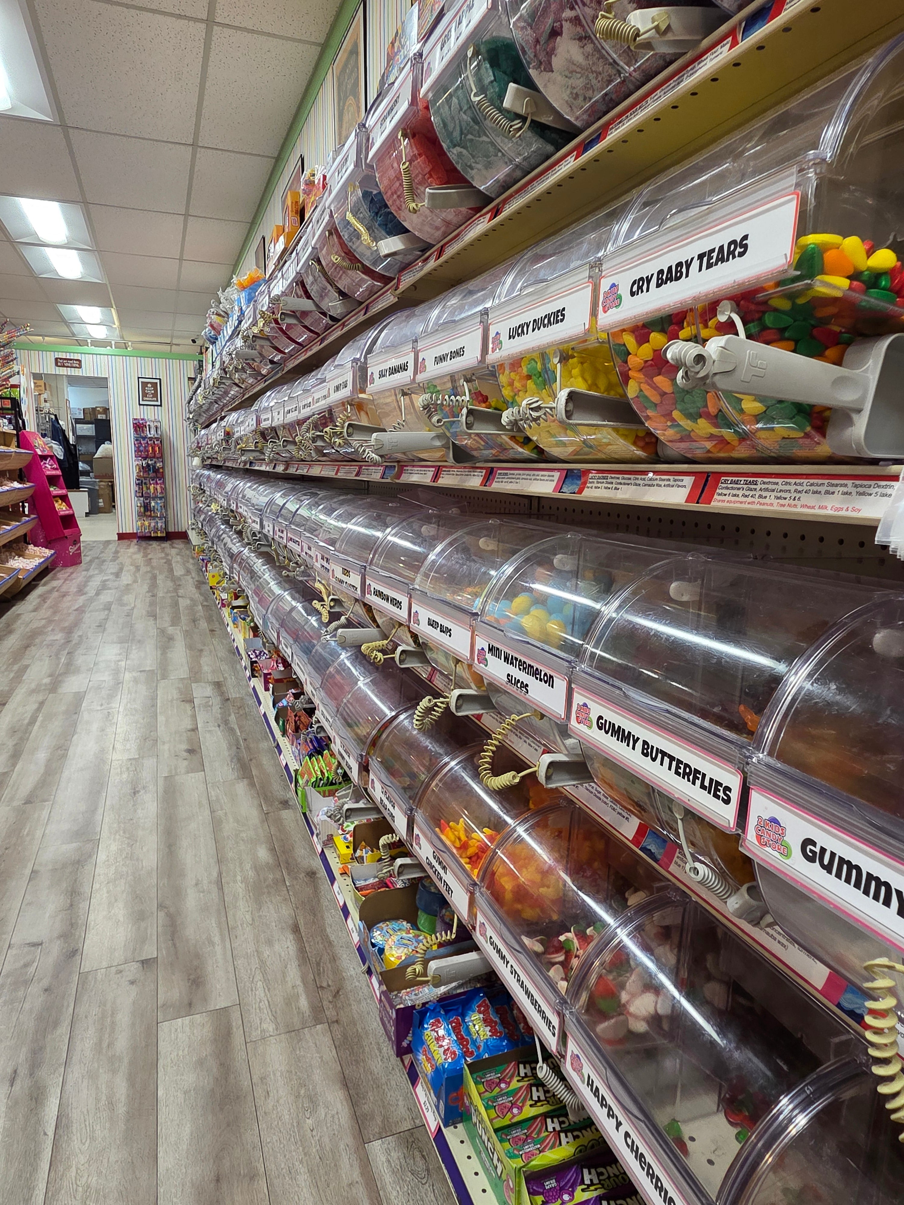 Clear plastic dispensers of colorful Lucky Ducks, Cry Baby Tears, and Gummy Butterflies in Bulk Candy Scoop