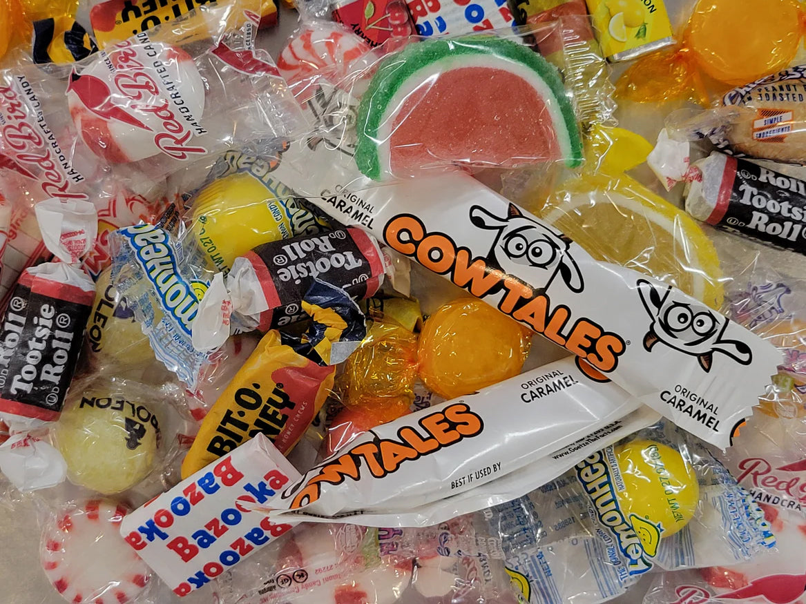 Bulk wrapped candies: Tootsie Rolls, Red Bird, Gomtals caramel assortment
