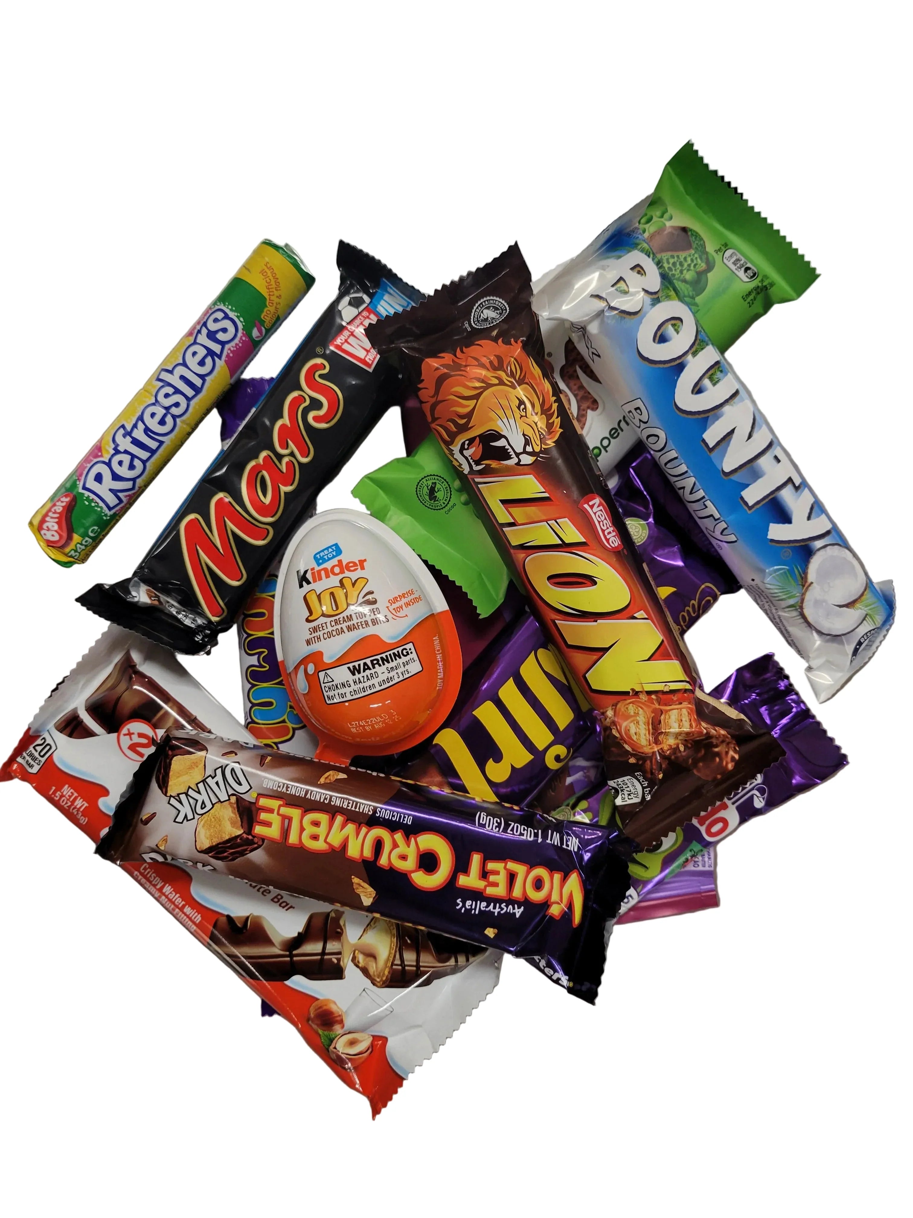 Colorful international candy assortment: Mars, Bounty, Kinder Joy, Violet Crumble