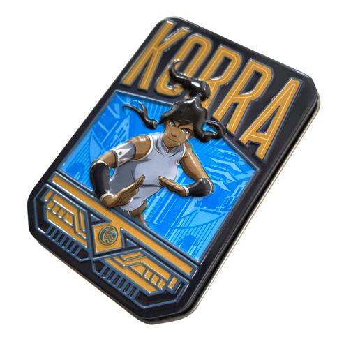 Korra black and gold enamel pin in dynamic pose, yellow text, blue background, Tins collection