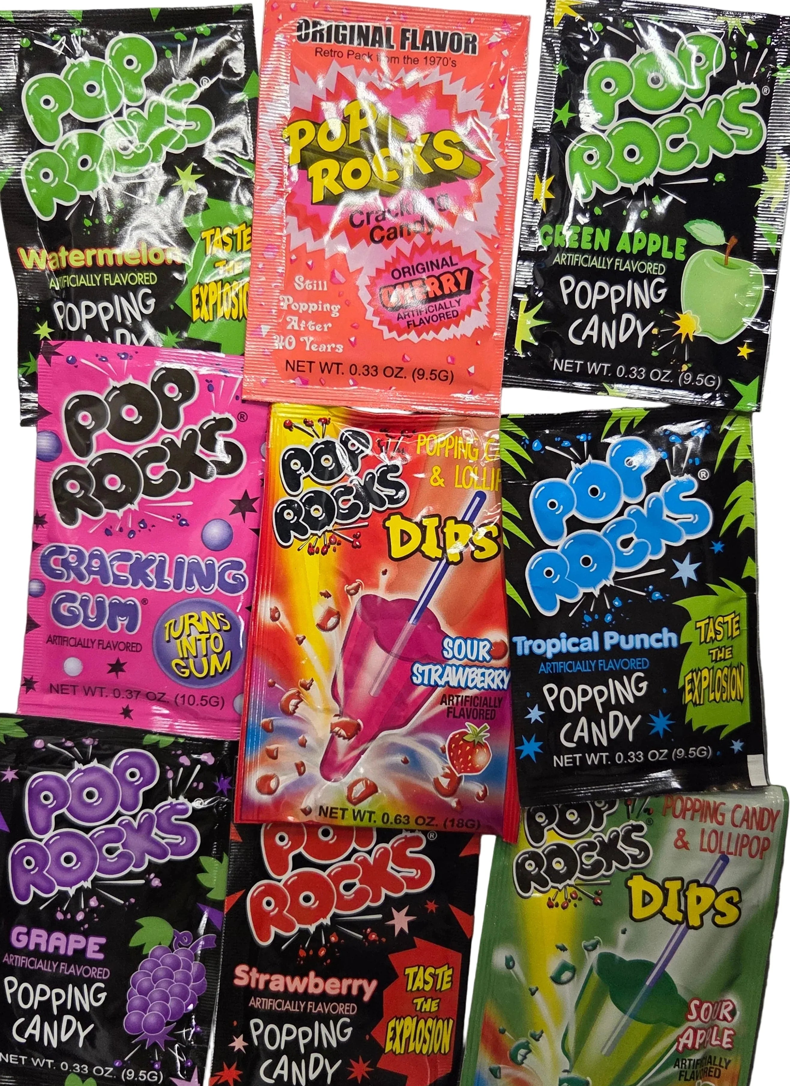 Vibrant Pop Rocks popping candy packets in assorted flavors and colors