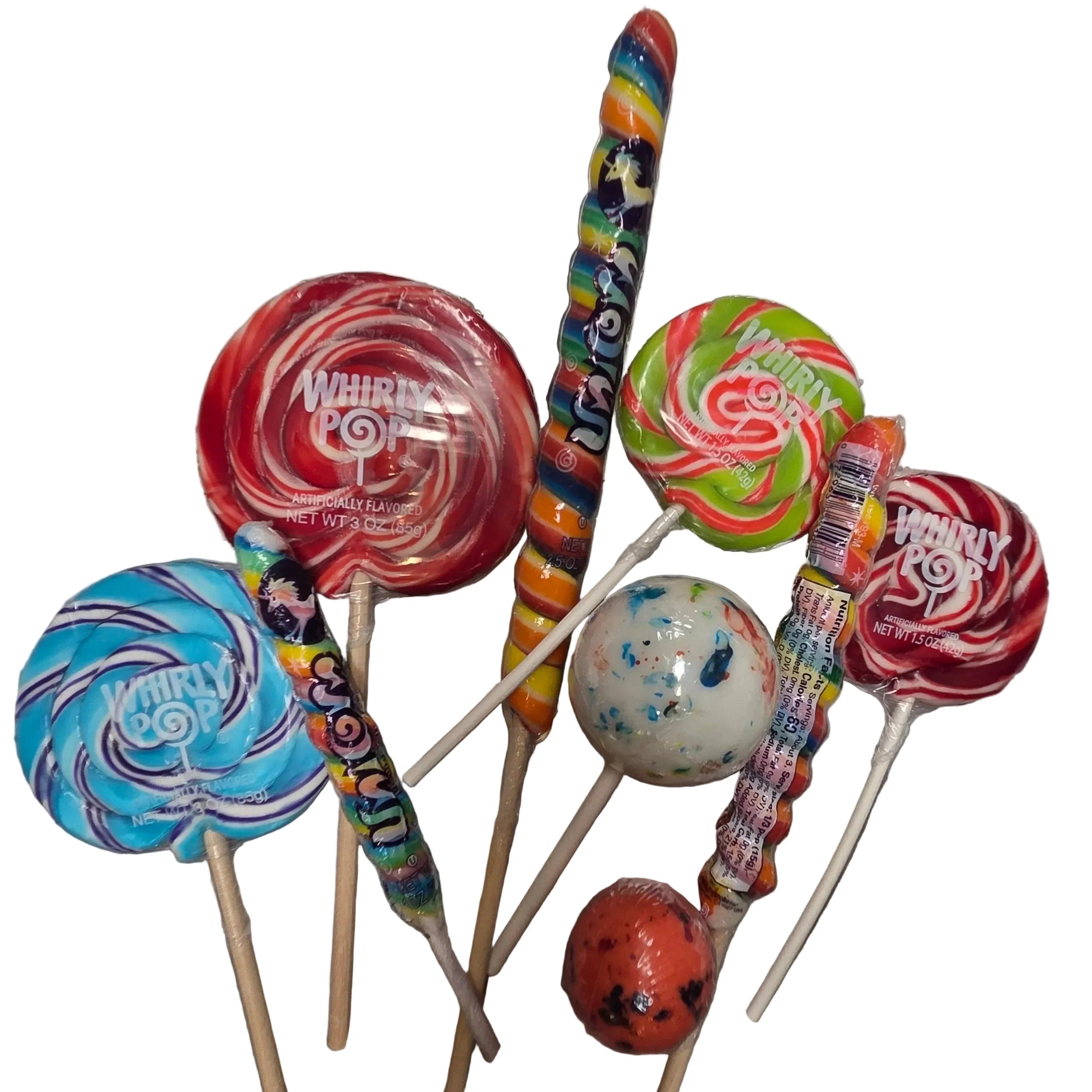 Two rainbow-swirled lollipops on wooden sticks in Suckers collection