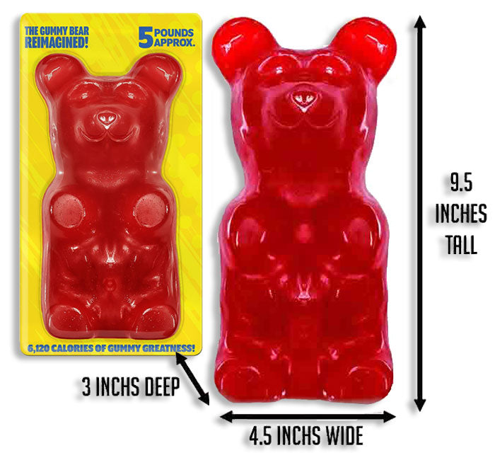 5 lb Cherry Gummy Bear: 9.5-inch translucent red, 5 lbs in yellow sleeve